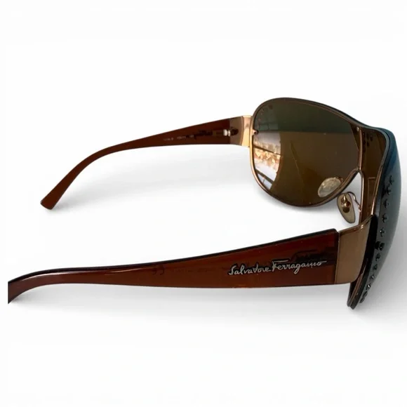 Salvatore Ferragamo Y2K Shield Mask Sunglasses Brown Crystal Designer Italy - Picture 3 of 10